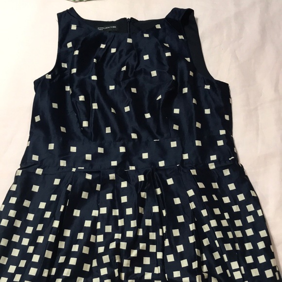 Navy Blue Dress with Tan geometric print - Picture 2 of 4